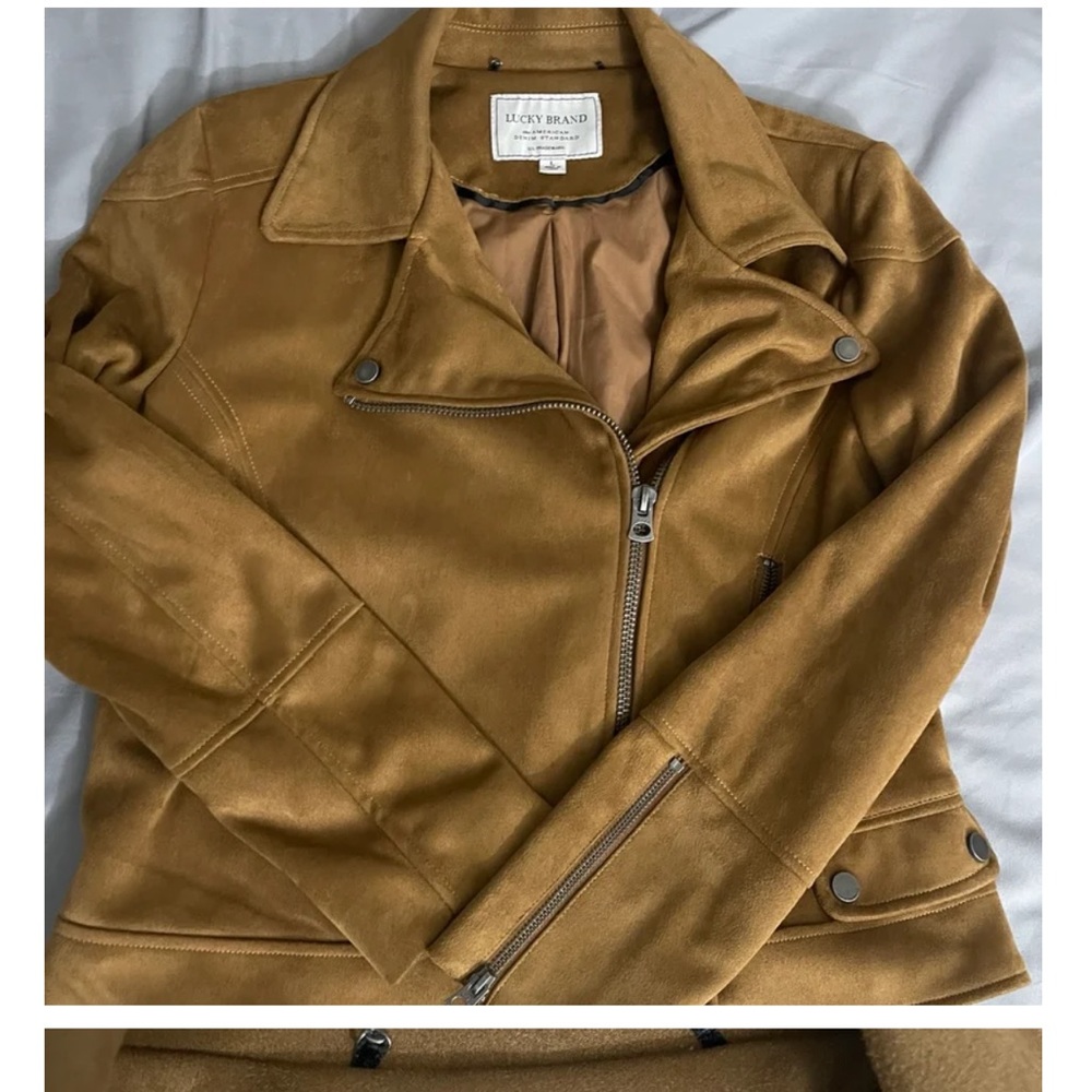 Lucky Brand Faux Suede Moto Jacket Womens Large Brown Zippers Snaps Pockets
